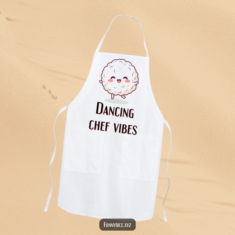 Funny apron with a dancing blob of rice, bringing cheerful energy and playful fun to kitchen activities.