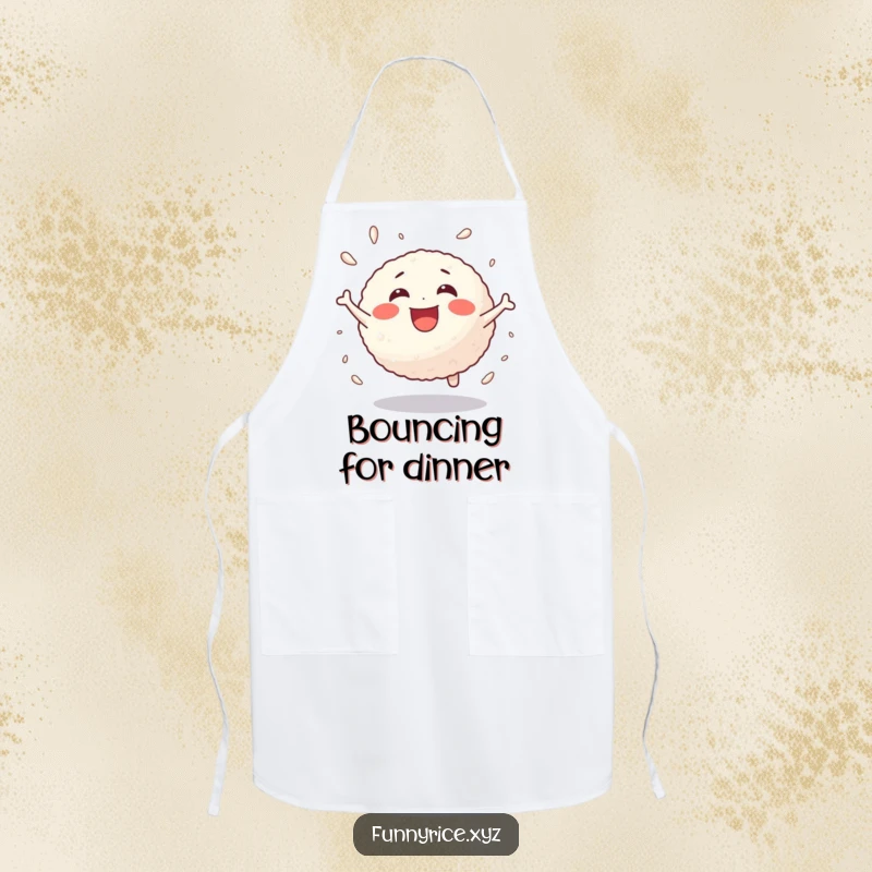 Funny apron featuring a joyful rice ball bouncing with energetic delight, adding fun to cooking.