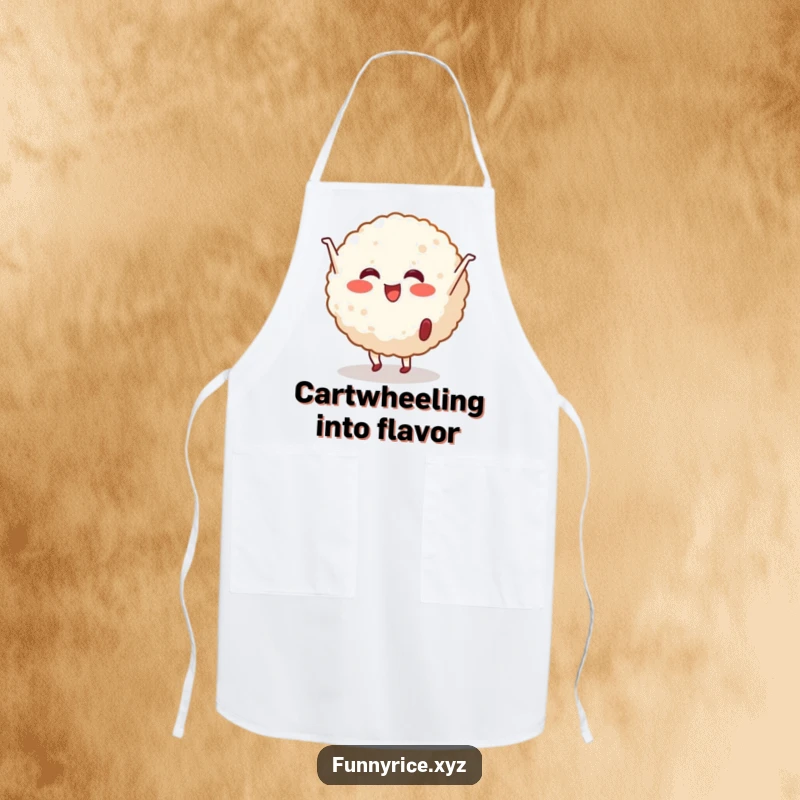 Funny Apron: A cheerful rice ball character performing a cartwheel, perfect for adding fun to cooking.
