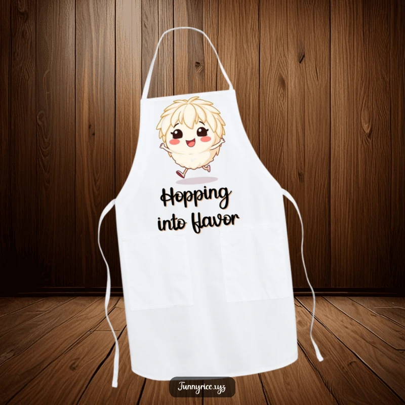 Funny apron featuring a smiling rice character doing a cheerful hop, adding fun to cooking.