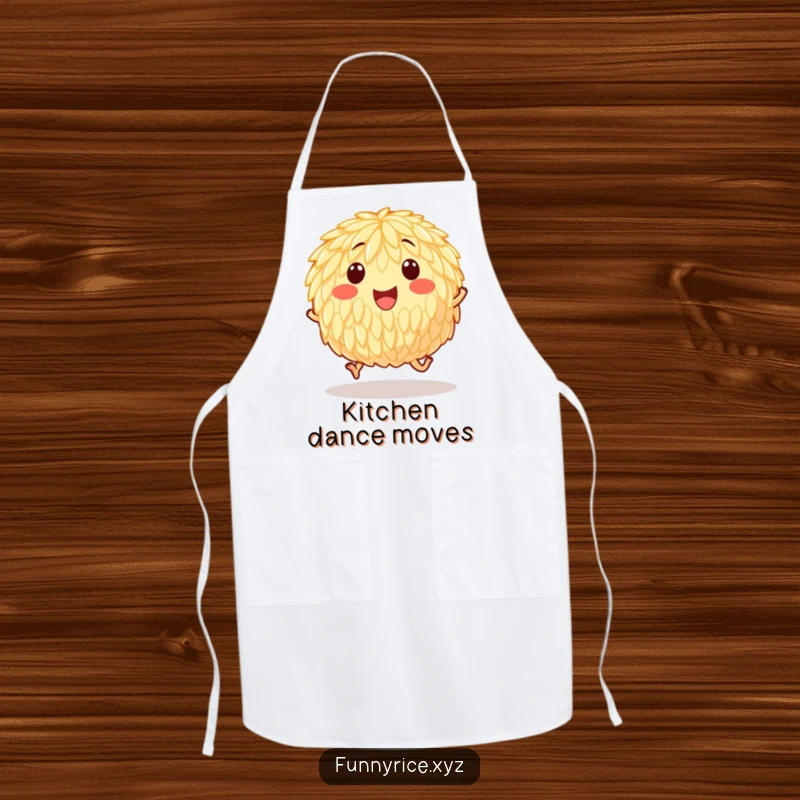 Funny apron with a happy grain of rice hopping energetically, bringing cheerful vibes and playful fun to kitchen tasks.