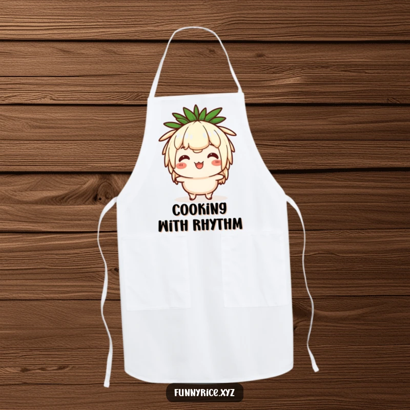 Funny apron with a happy rice character doing a comical head bob, ideal for kitchen duties and humorous chefs.