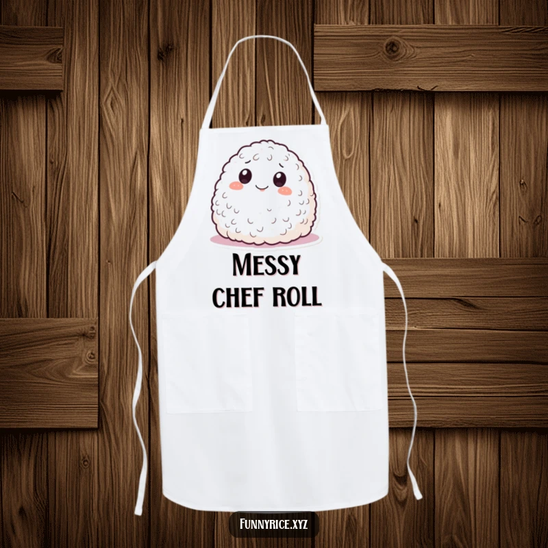 Funny apron with a smiling mound of rice rolling playfully, bringing mischievous fun and playful vibes to kitchen tasks.