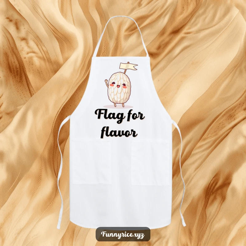 Funny apron featuring a rice grain enthusiastically waving a tiny ricepaper flag, adding fun to cooking.