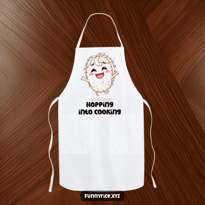 Funny Apron: A grinning rice character performing a silly hop, ready to add humor to any cooking session.