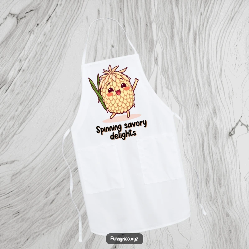 Funny Apron: A delighted rice grain character in a playful spin, perfect for adding fun to cooking.