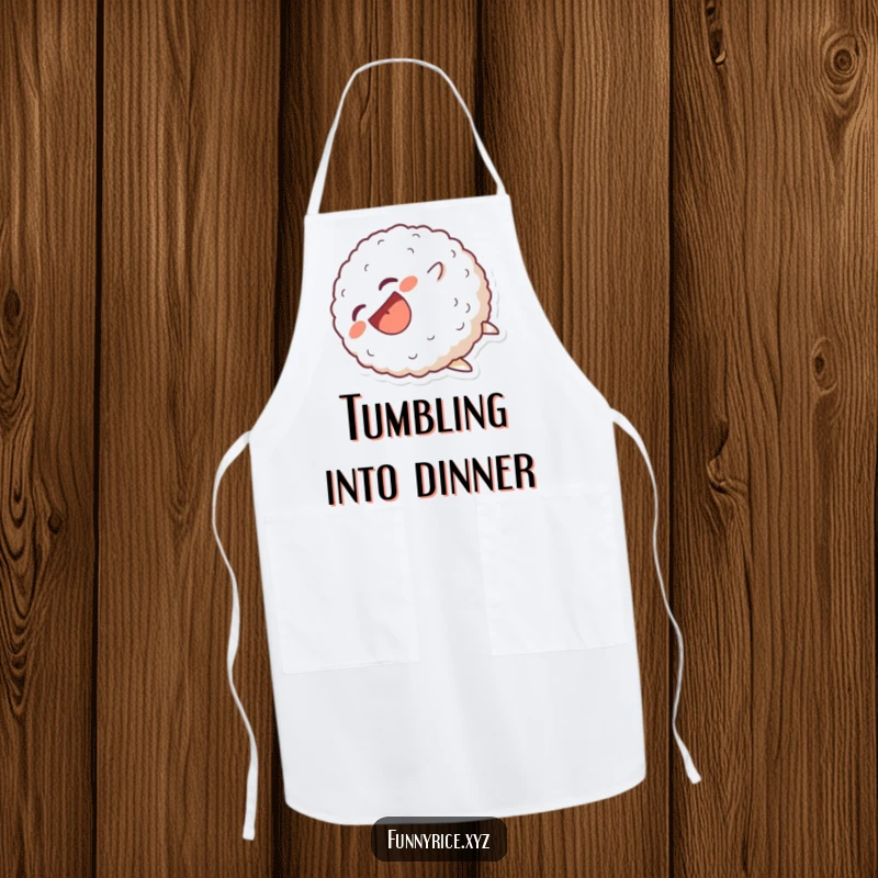 Funny Apron: A laughing rice ball character comically tumbling head over heels, perfect for a fun-filled kitchen.