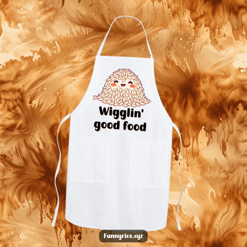 Funny Apron: A happy pile of rice grains performing a synchronized wiggle, perfect for adding fun to cooking.