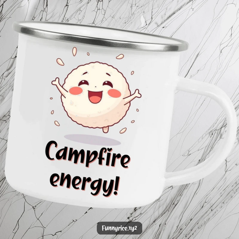 Funny camping mug featuring a joyful rice ball bouncing with energetic delight, perfect for outdoors.