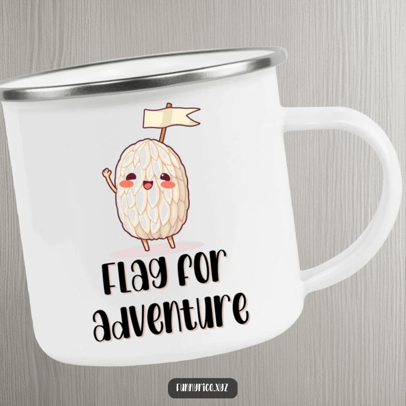 Funny camping mug featuring a rice grain enthusiastically waving a tiny ricepaper flag, perfect for outdoors.