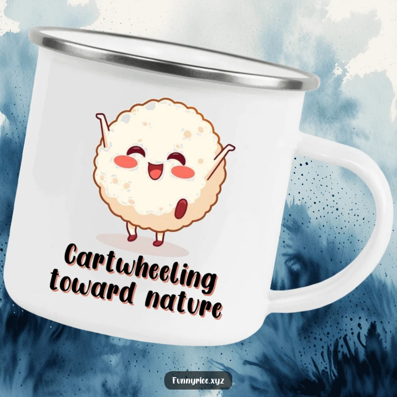 Funny Camping Mug: A cheerful rice ball character performing a cartwheel, perfect for outdoor fun and energetic moments.