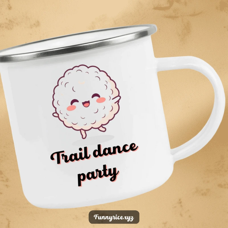 Funny camping mug with a cheerful rice blob dancing, perfect for enjoying beverages outdoors with a dose of fun.