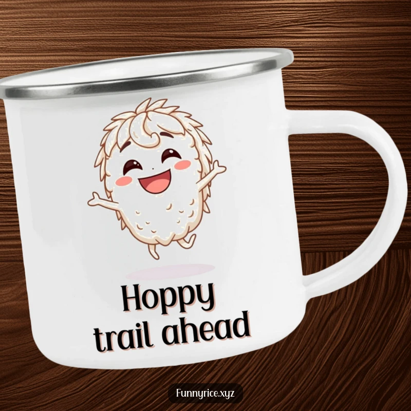 Funny Camping Mug: A grinning rice character in a silly hop, ready for outdoor escapades and hearty laughs.