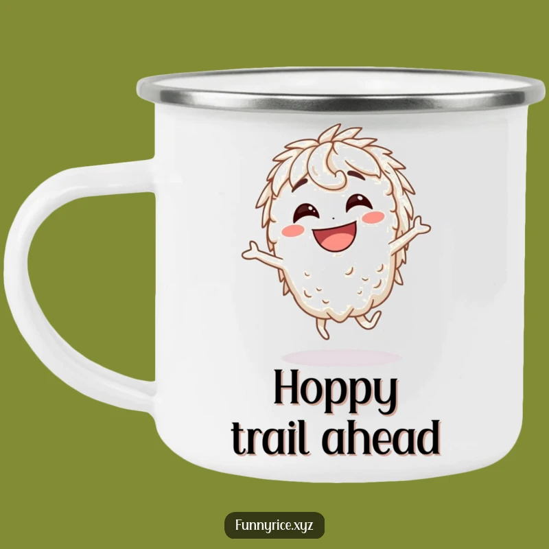 Funny Grinning Rice Character Hop Camping Mug - Adventure Fuelled by Laughter