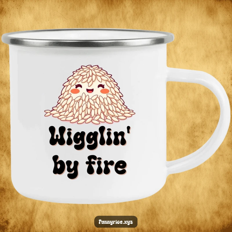 Funny Camping Mug: A happy pile of rice grains doing a synchronized wiggle, perfect for outdoor fun and positive vibes.