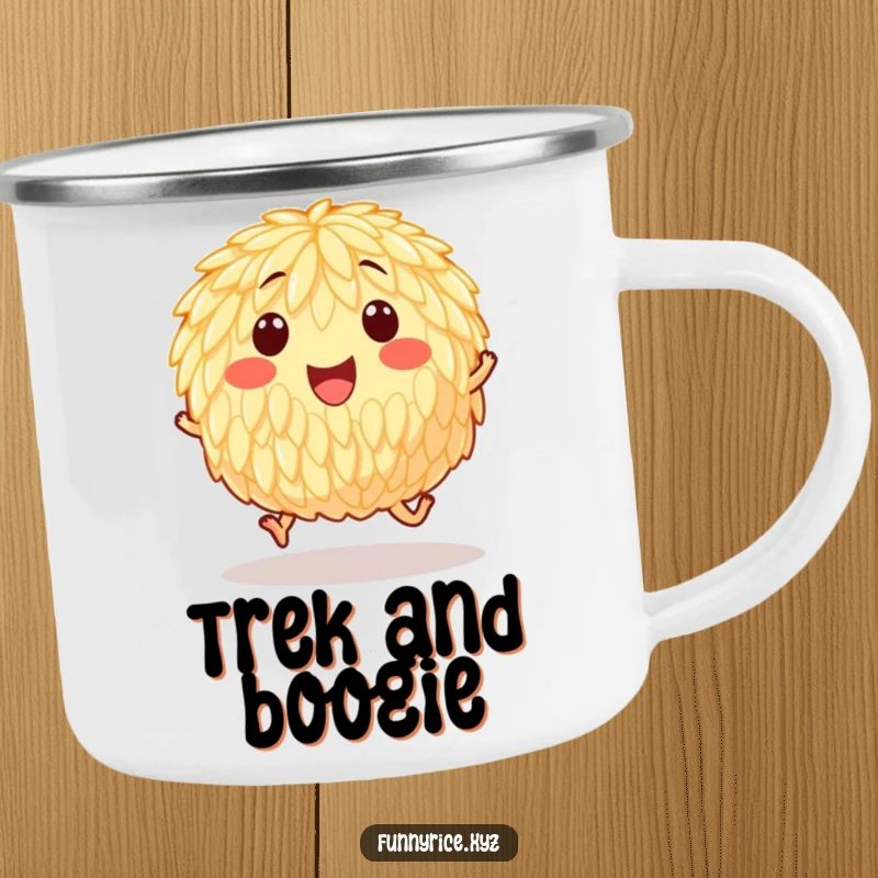 Funny camping mug with a happy grain of rice hopping, perfect for enjoying beverages outdoors with cheerful energy.