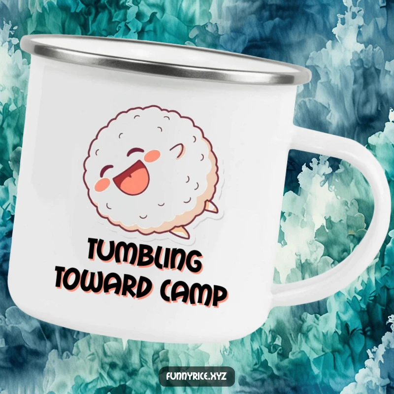 Funny Camping Mug: A laughing rice ball character tumbling head over heels, perfect for outdoor fun and chuckles.