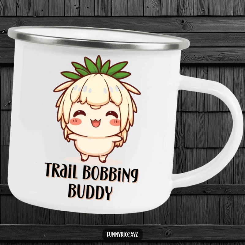 Funny camping mug with a happy rice character doing a comical head bob, built for adventures and smiles.