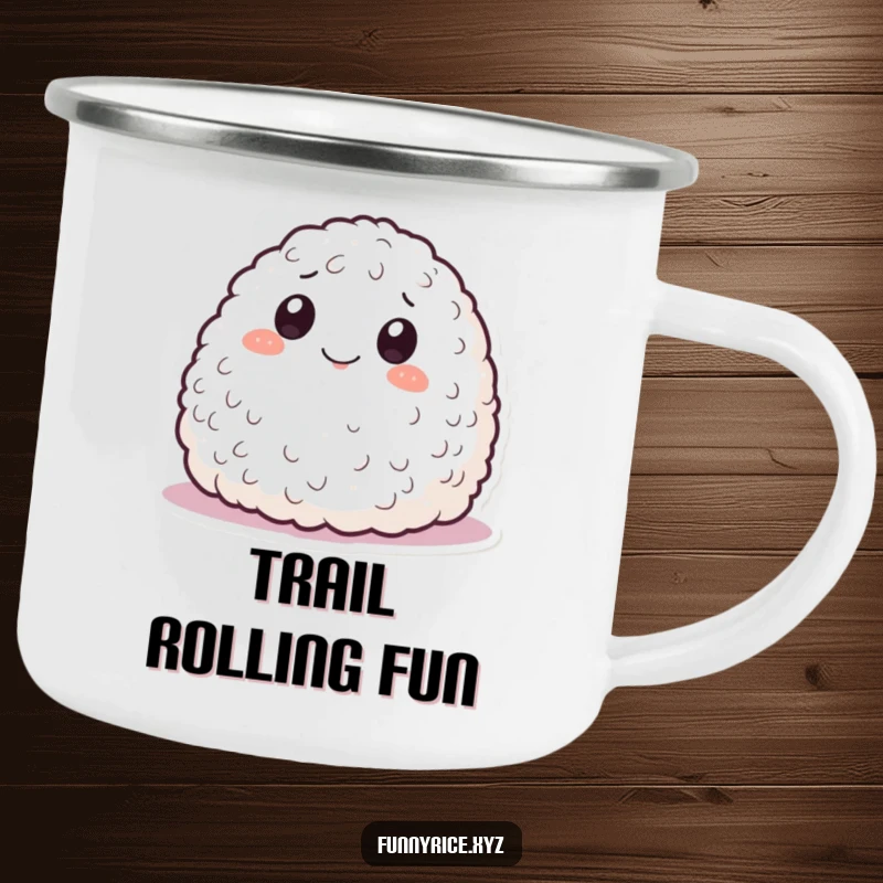 Funny camping mug with a smiling mound of rice rolling playfully, perfect for enjoying beverages outdoors with a touch of mischief.