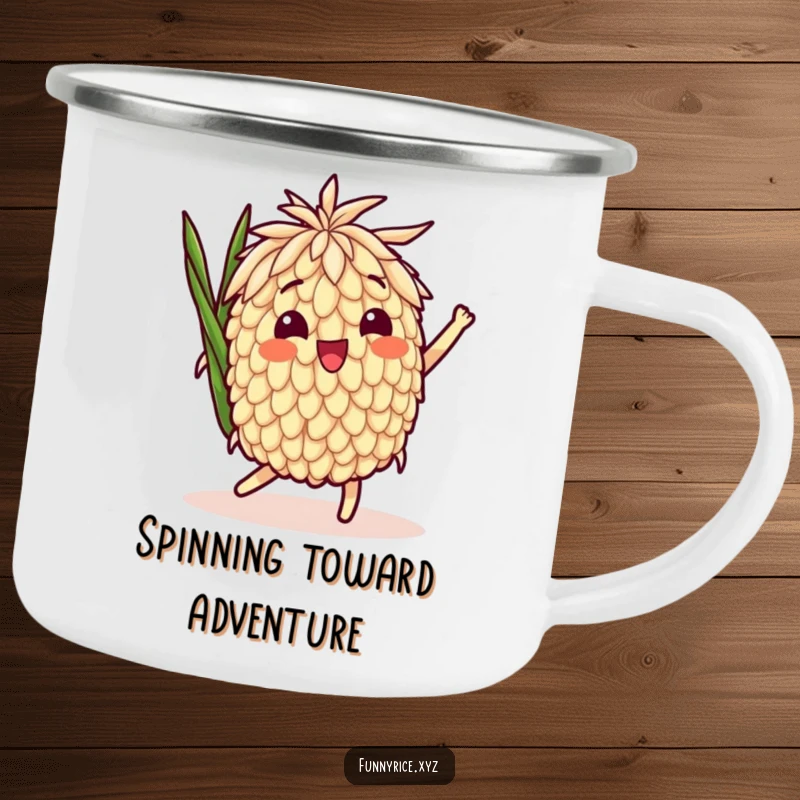 Funny Camping Mug: A delighted rice grain character in a playful spin, perfect for outdoor fun and joyful moments.