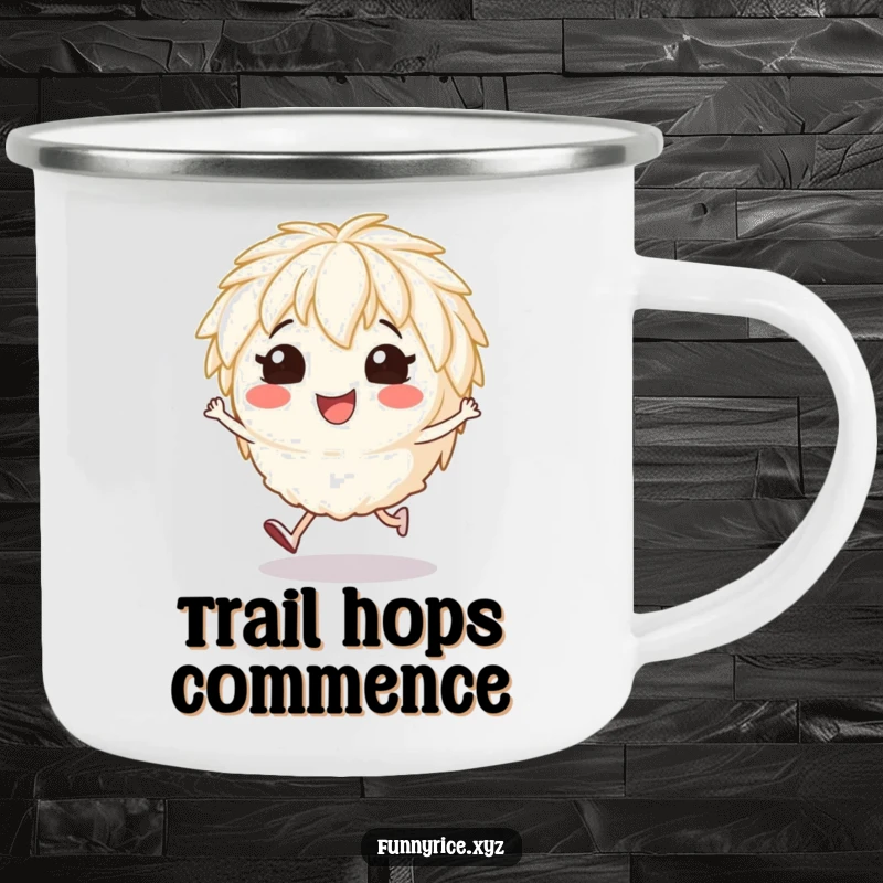 Funny camping mug featuring a smiling rice character mid-hop, perfect for outdoor enthusiasts.