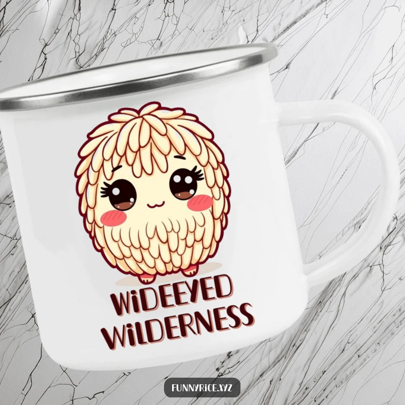 Funny camping mug featuring a playful rice character with a friendly, wide-eyed look, perfect for outdoors.