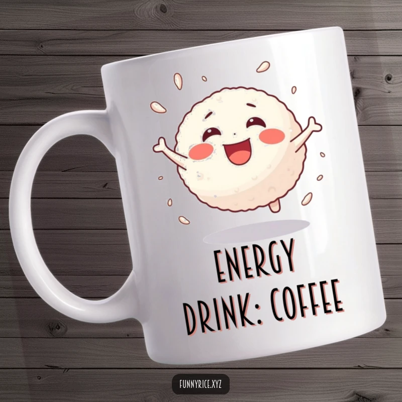 Funny mug depicting a joyful rice ball bouncing with energetic delight, radiating happiness.