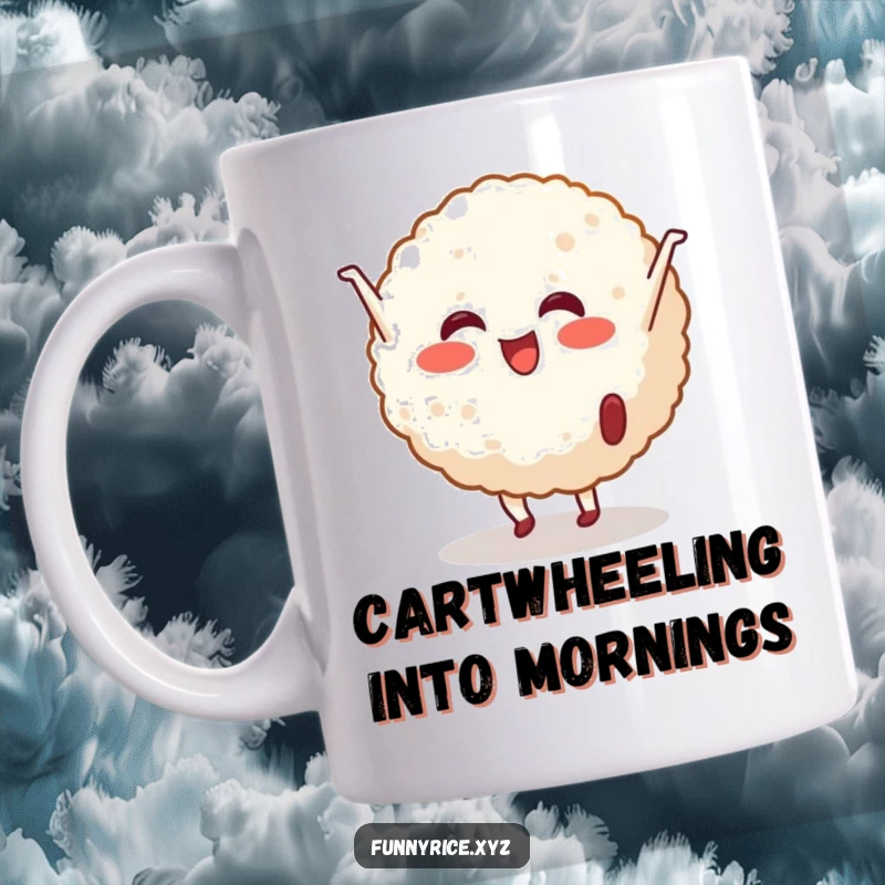 Funny Mug: A cheerful rice ball character energetically performing a cartwheel, radiating pure animated joy.