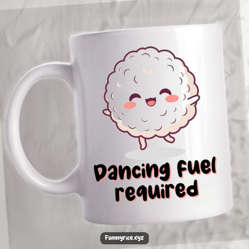 Funny mug showing a cheerful blob of rice happily doing a little dance, spreading joy and energy.