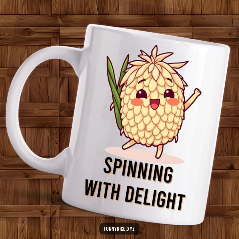 Funny Mug: A delighted rice grain character joyfully performing a playful spin, radiating sheer happiness.