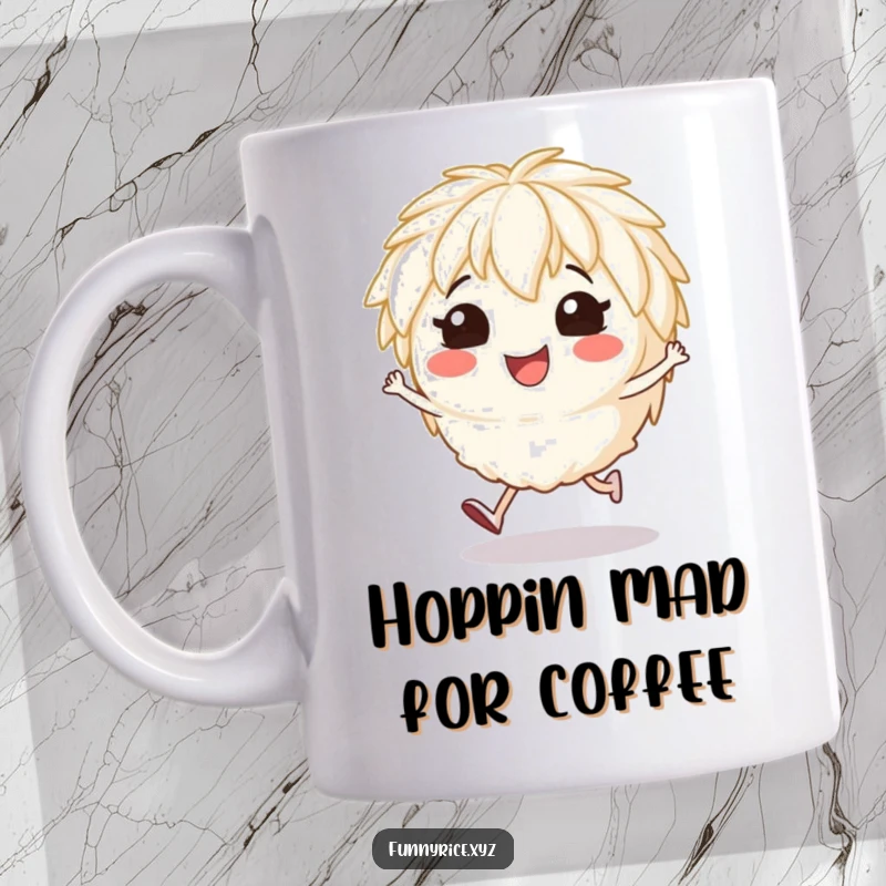 Funny mug showcasing a smiling rice character doing a cheerful little hop, full of energy.