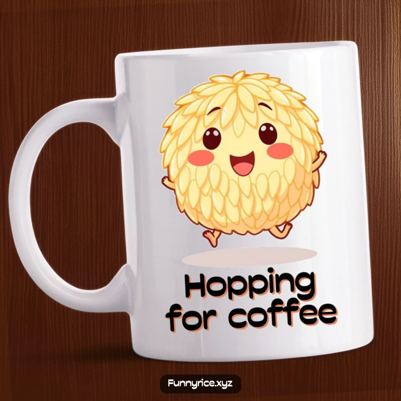 Funny mug depicting a happy grain of rice hopping enthusiastically on tiny, unseen feet, conveying pure delight.