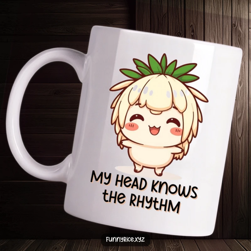 Funny mug featuring a happy, cartoon rice character performing a comical, exaggerated head bob with a joyful expression.