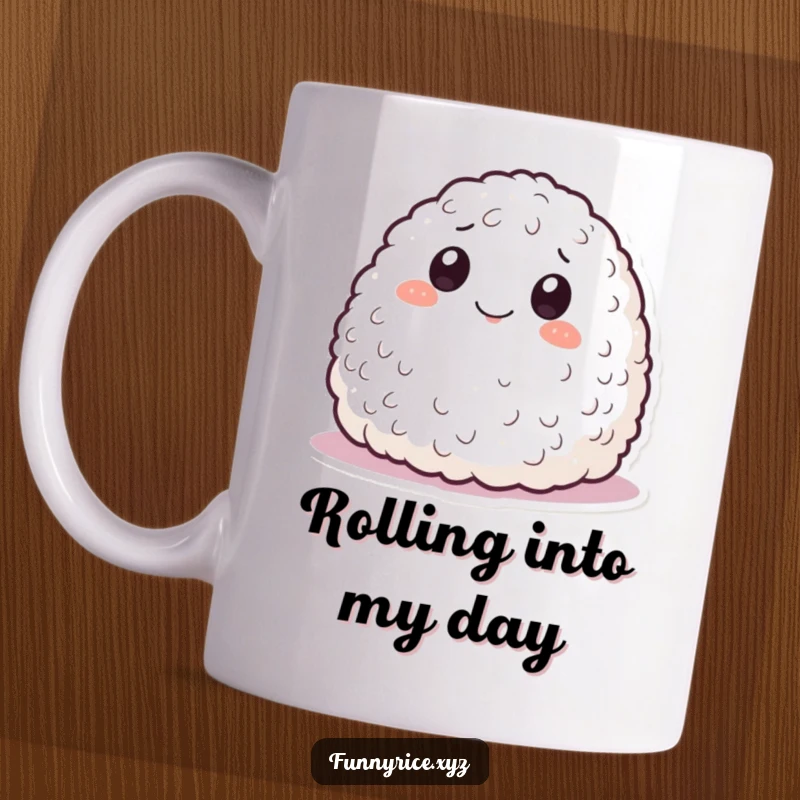 Funny mug showing a smiling mound of rice with eyes playfully rolling around, radiating mischievous fun.