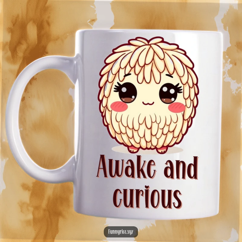 Funny mug of a playful rice character with a friendly, wide-eyed innocent expression, full of charm.