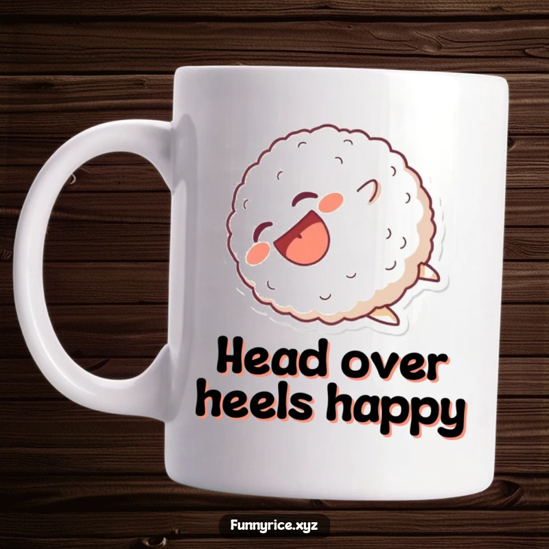 Funny Mug: A laughing rice ball character comically tumbling head over heels, full of chaotic glee.