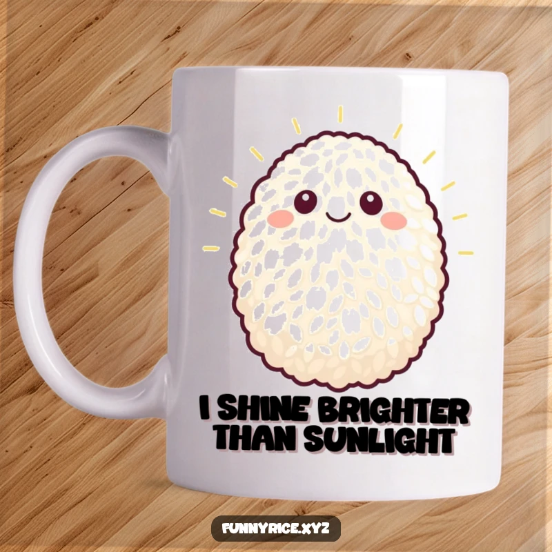 Funny mug with a single, brightly beaming grain of rice, radiating happiness and optimism.