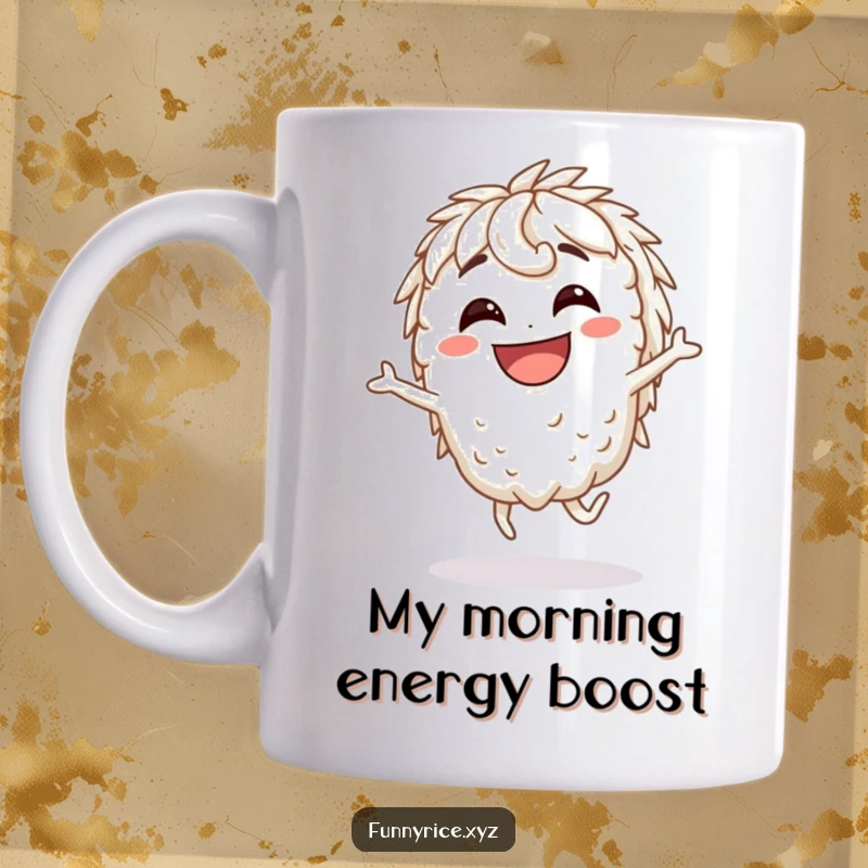 Funny Mug: A grinning rice character joyfully performing a silly hop, radiating pure unadulterated fun.