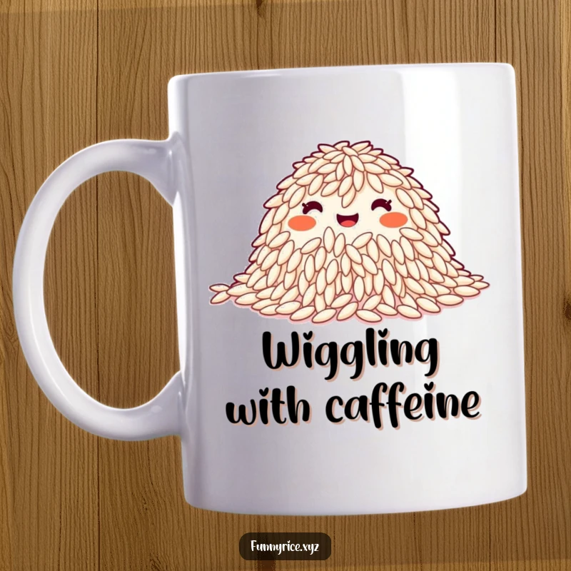 Funny Mug: A happy pile of rice grains joyfully performing a synchronized wiggle, radiating collective cheer.