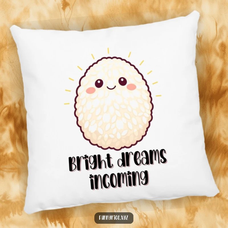 Funny pillow with a single grain of rice beaming brightly, offering comfort and a touch of humor.