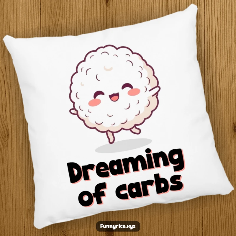 Funny pillow showing a cheerful rice blob dancing happily, offering comfort and a dose of playful joy.