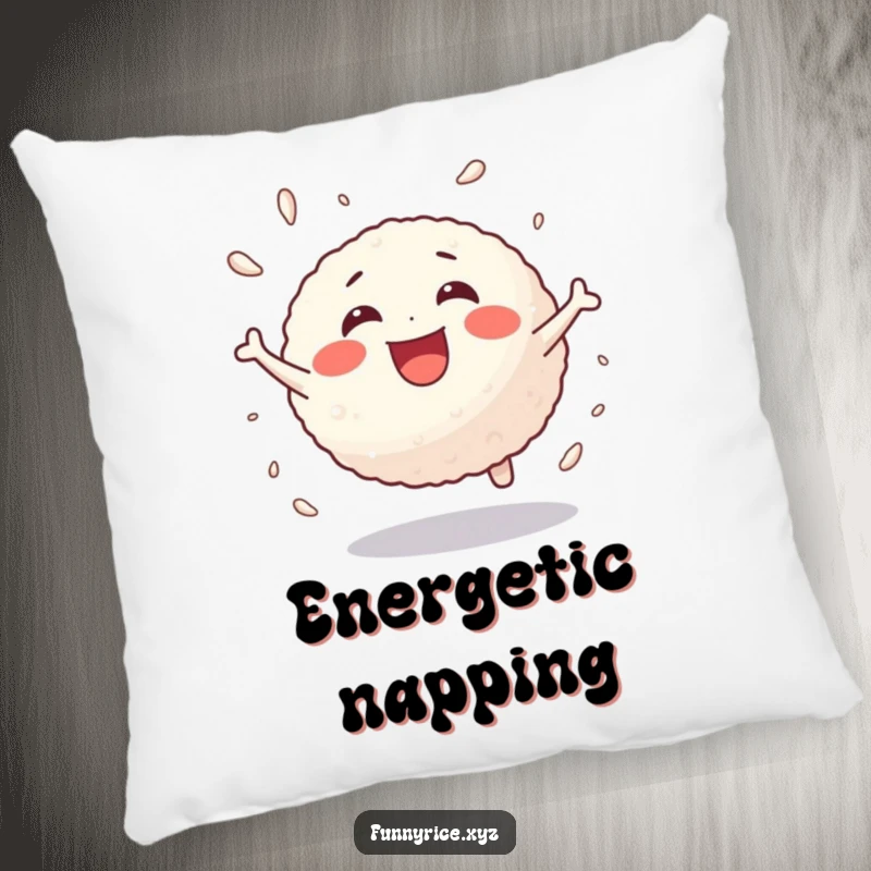 Funny pillow showing a joyful rice ball bouncing with energetic delight, perfect for comfort.