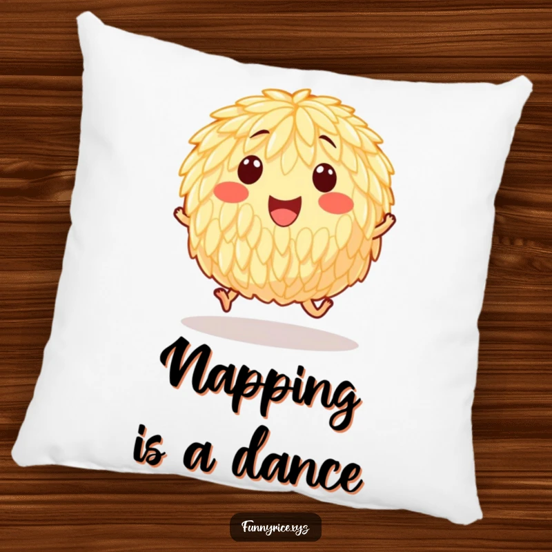 Funny pillow showing a happy grain of rice hopping with invisible feet, offering comfort and a dose of cheerful energy.