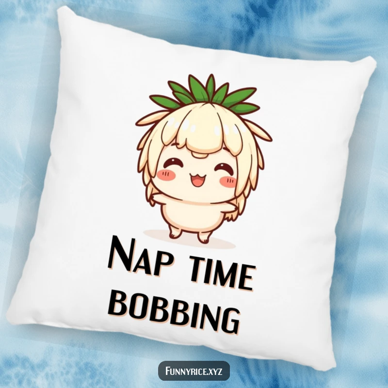 Funny pillow with a happy rice character doing a comical head bob, offering comfort and a dose of humor.