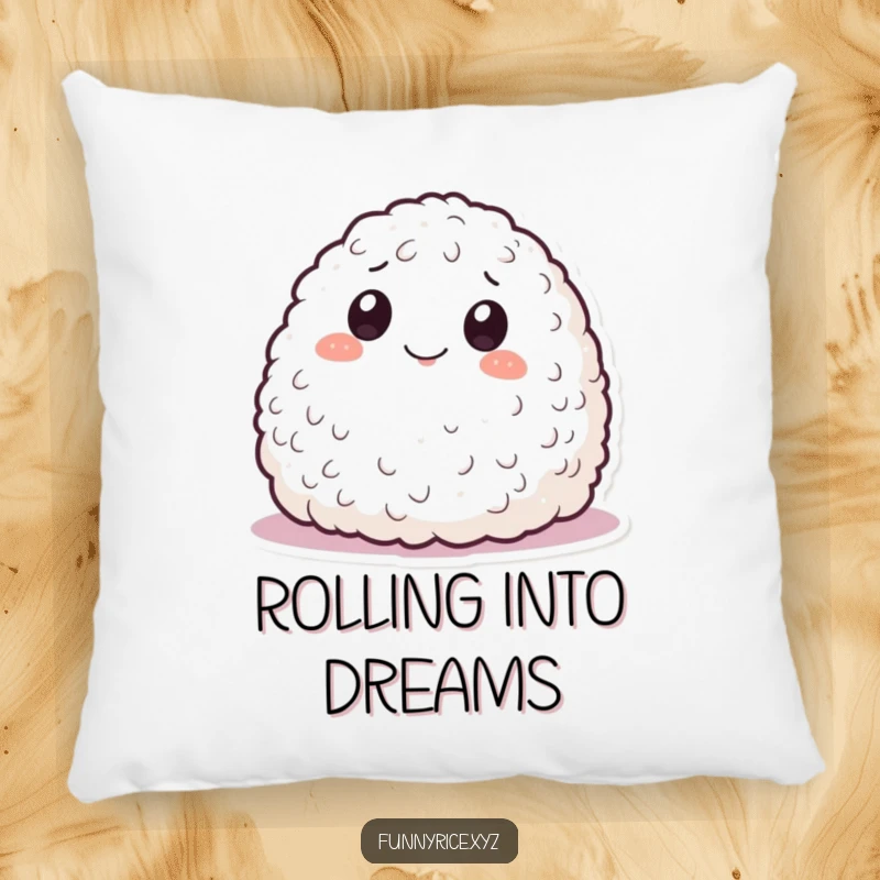 Funny pillow showing a smiling mound of rice rolling playfully, offering comfort and a dose of mischievous fun.