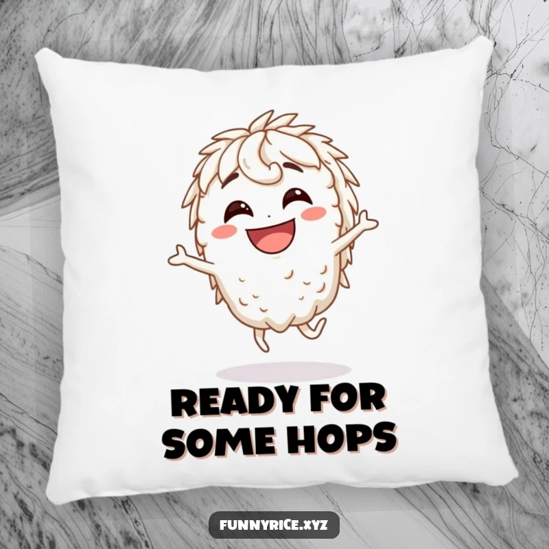 Funny Pillow: A grinning rice character in a funny silly hop, perfect for adding humor and comfort.