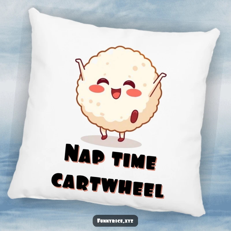 Funny Pillow: A cheerful rice ball character performing a cartwheel, ideal for snuggly comfort and humorous charm.