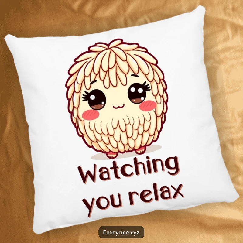 Funny pillow showing a playful rice character with a friendly, wide-eyed look, perfect for comfort.