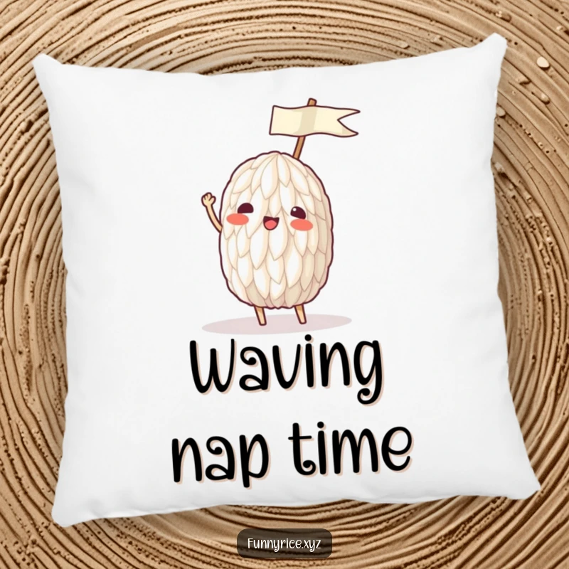 Funny pillow showing a rice grain enthusiastically waving a tiny ricepaper flag, perfect for comfort.