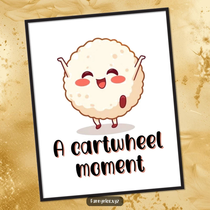 Funny Digital Art Print: A cheerful rice ball character performing a cartwheel, a downloadable piece of animated fun.